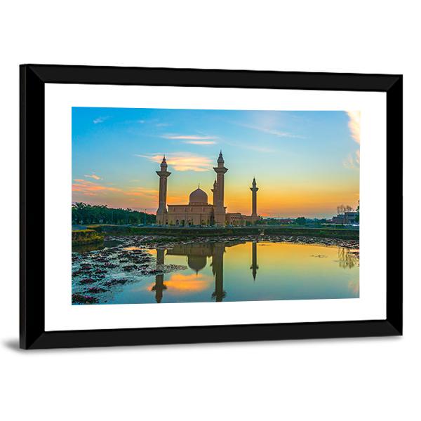 Mosque Reflection On Lake Canvas Wall Art-3 Horizontal-Gallery Wrap-25" x 16"-Tiaracle