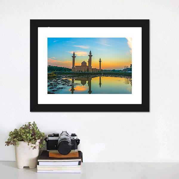 Mosque Reflection On Lake Canvas Wall Art-3 Horizontal-Gallery Wrap-25" x 16"-Tiaracle