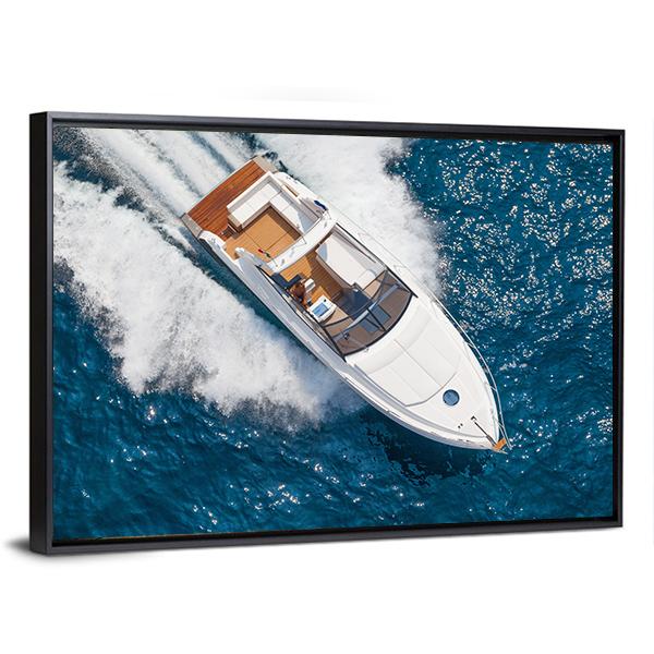 Motor Yacht Aerial View Canvas Wall Art in white and blue, framed canvas, product view on a white background