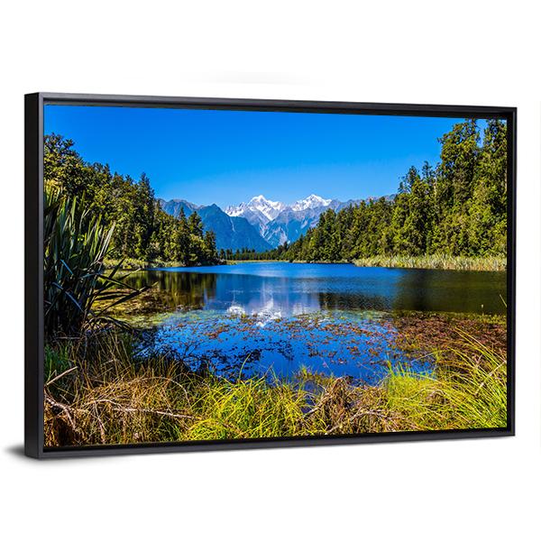 Mount Cook Reflected in Lake Canvas Wall Art in white, green and blue, framed canvas, product view on a white background