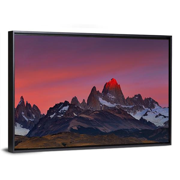 Mount Fitz Roy at Sunset Canvas Wall Art in orange, purple and pink, framed canvas, product view on a white background