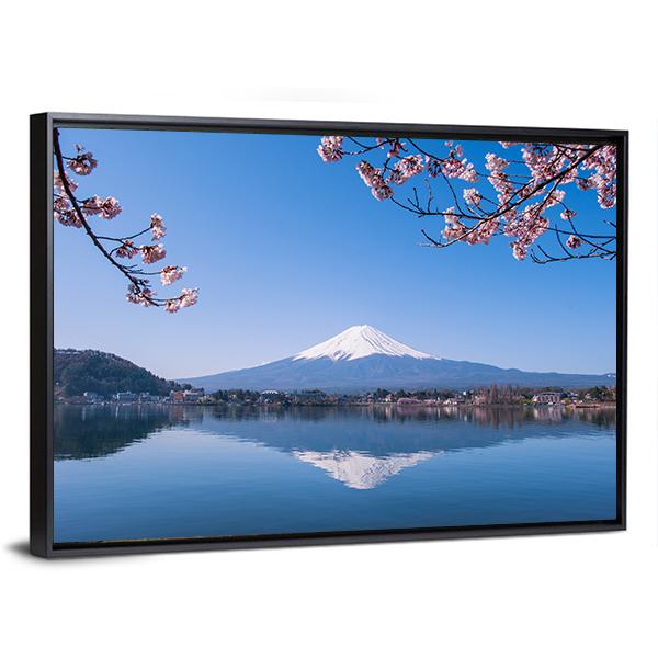 Mount Fuji and Cherry Tree Canvas Wall Art in white, blue and pink, framed canvas, product view on a white background
