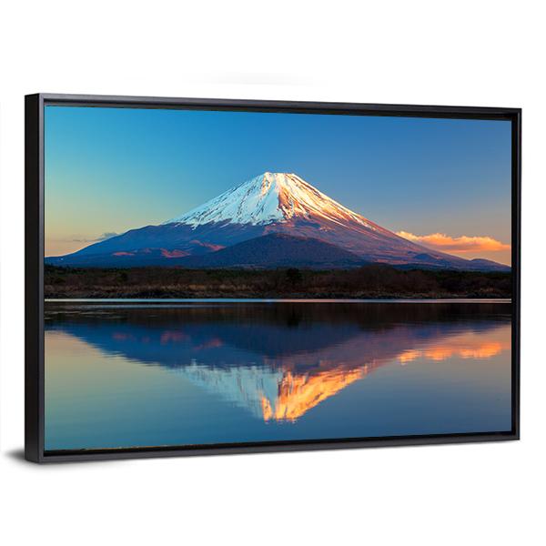 Snow-capped Mount Fuji Reflection in Lake Shoji Canvas Wall Art in white, orange and blue, framed canvas, product view on a white background
