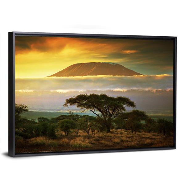 Mount Kilimanjaro at Sunset Canvas Wall Art in brown, orange and yellow, framed canvas, product view on a white background