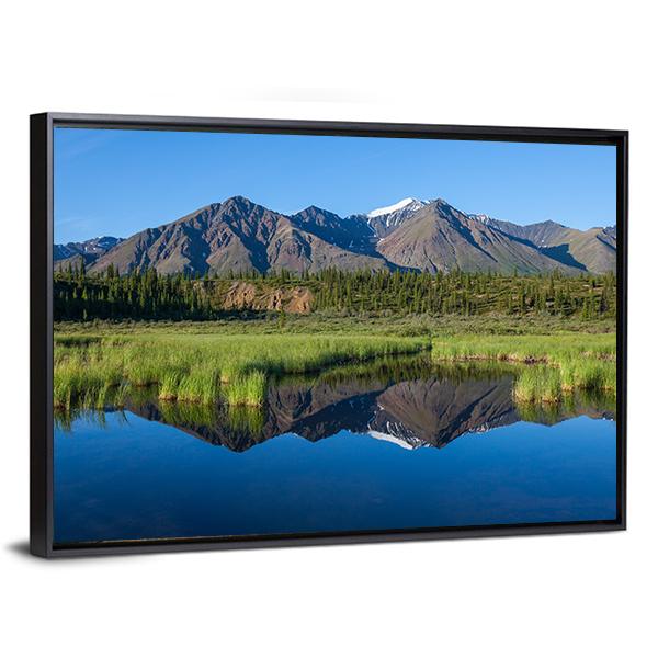 Mount Mckinley Reflection in Lake Canvas Wall Art in brown, green and blue, framed canvas, product view on a white background