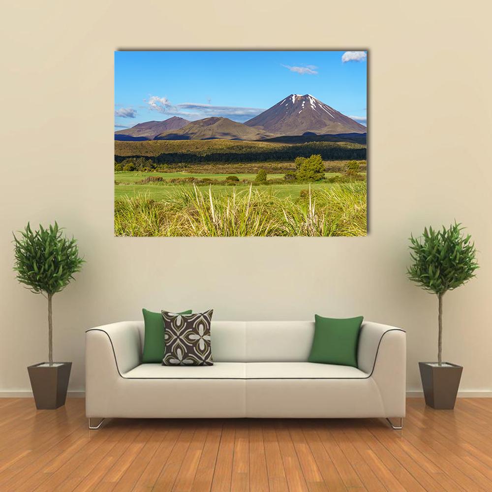 Mount Ngauruhoe Volcanic Landscape Canvas Wall Art in brown, green and blue, single panel hung on a wall