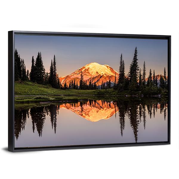 Mount Rainier Reflection At Sunset Canvas Wall Art-3 Horizontal-Gallery Wrap-25" x 16"-Tiaracle