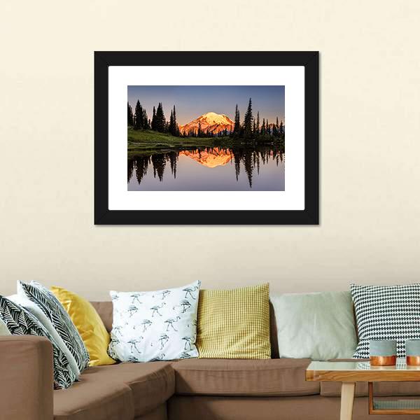 Mount Rainier Reflection At Sunset Canvas Wall Art-3 Horizontal-Gallery Wrap-25" x 16"-Tiaracle