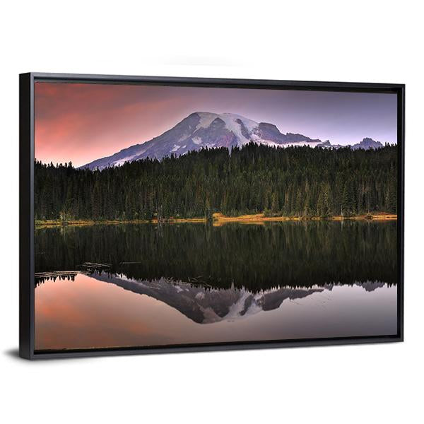 Mount Rainier Reflected in Lake Canvas Wall Art in black, purple and pink, framed canvas, product view on a white background