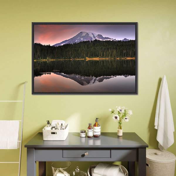 Mount Rainier Reflection In Lake Canvas Wall Art-3 Horizontal-Gallery Wrap-25" x 16"-Tiaracle