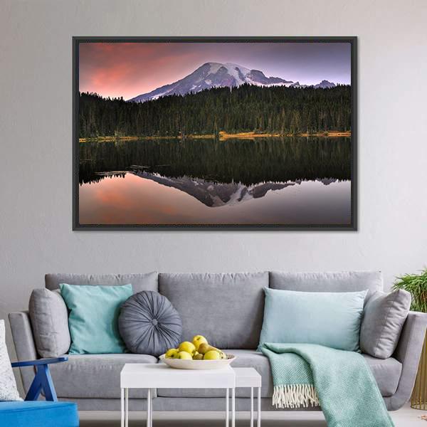 Mount Rainier Reflection In Lake Canvas Wall Art-3 Horizontal-Gallery Wrap-25" x 16"-Tiaracle