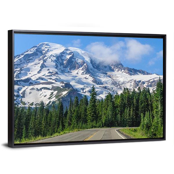 Mount Rainier Road Landscape Canvas Wall Art in white, green and blue, framed canvas, product view on a white background