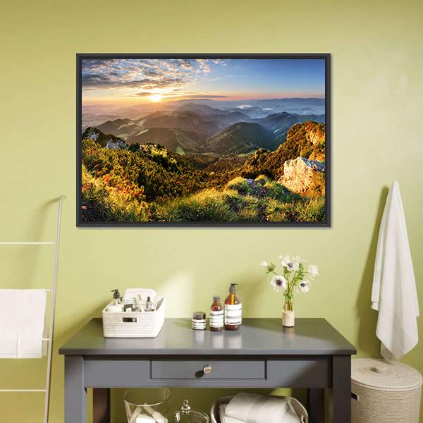 Mountain Forest In Sunlight Canvas Wall Art-3 Horizontal-Gallery Wrap-25" x 16"-Tiaracle