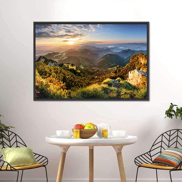 Mountain Forest In Sunlight Canvas Wall Art-3 Horizontal-Gallery Wrap-25" x 16"-Tiaracle