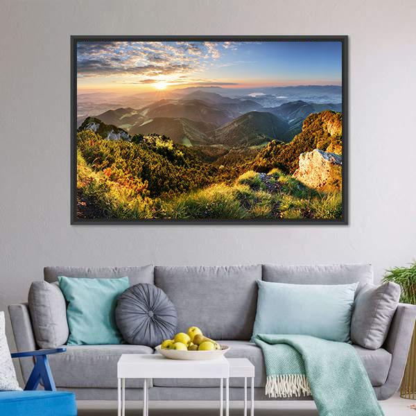 Mountain Forest In Sunlight Canvas Wall Art-3 Horizontal-Gallery Wrap-25" x 16"-Tiaracle
