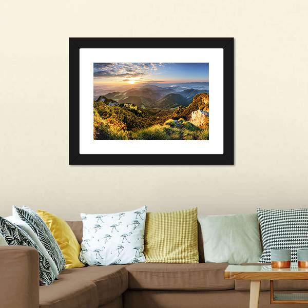 Mountain Forest In Sunlight Canvas Wall Art-3 Horizontal-Gallery Wrap-25" x 16"-Tiaracle