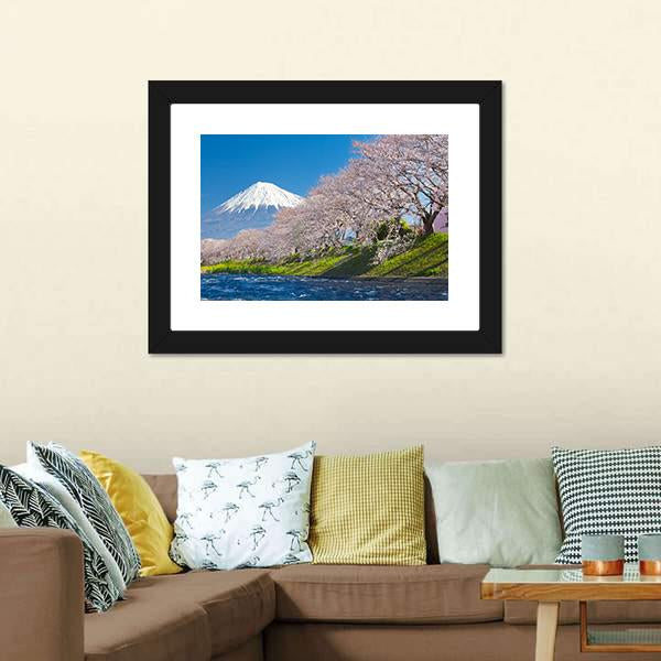 Mountain Fuji &amp; Cherry Blossom Canvas Wall Art-3 Horizontal-Gallery Wrap-25" x 16"-Tiaracle