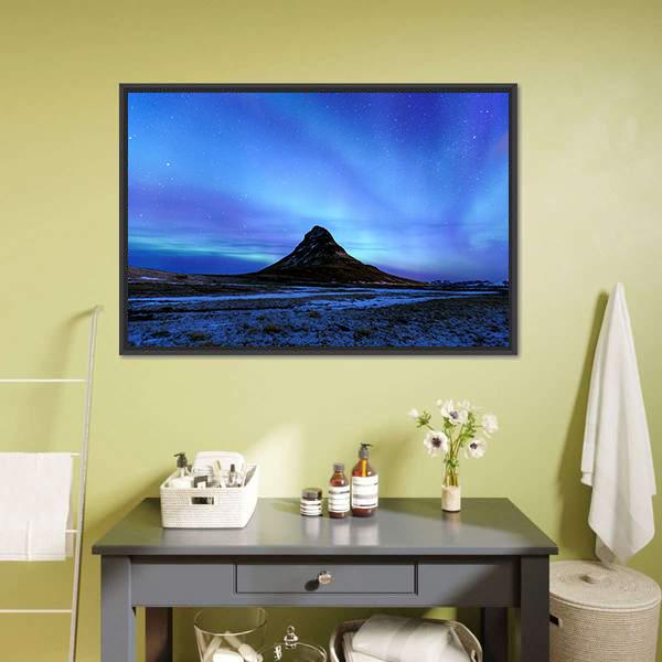 Mountain Kirkjufell &amp; Aurora Canvas Wall Art-3 Horizontal-Gallery Wrap-25" x 16"-Tiaracle