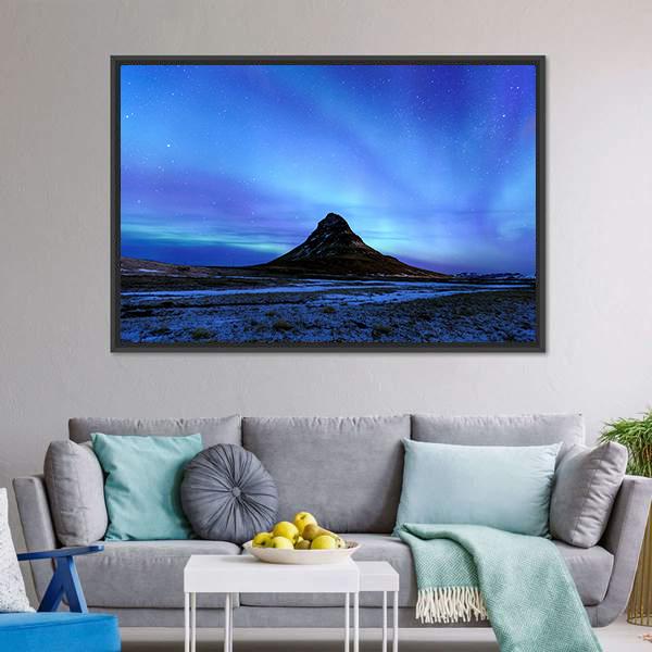 Mountain Kirkjufell &amp; Aurora Canvas Wall Art-3 Horizontal-Gallery Wrap-25" x 16"-Tiaracle
