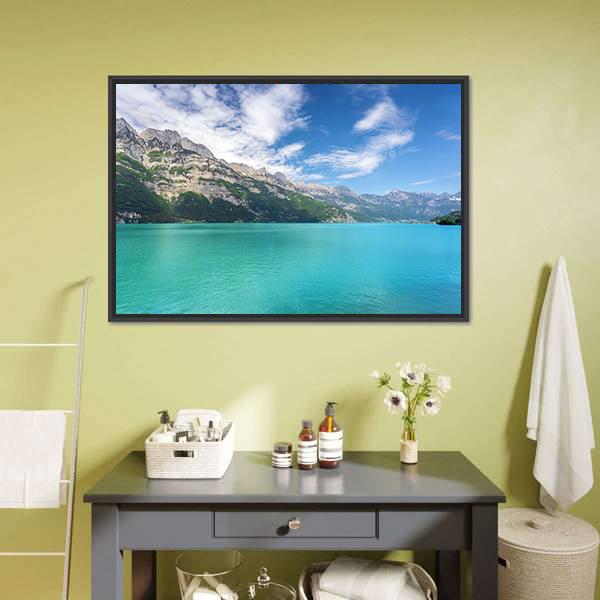 Mountain Lake In Switzerland Canvas Wall Art-3 Horizontal-Gallery Wrap-25" x 16"-Tiaracle