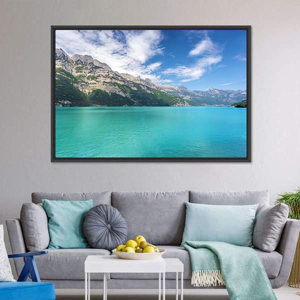 Mountain Lake In Switzerland Canvas Wall Art-3 Horizontal-Gallery Wrap-25" x 16"-Tiaracle