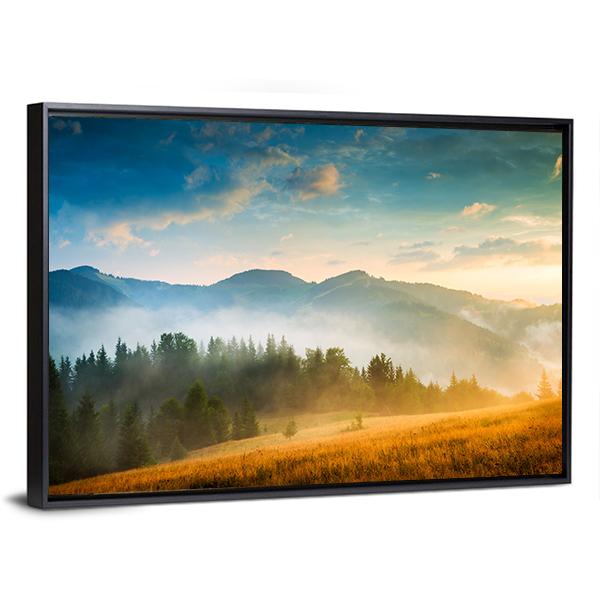 Mountain Landscape With Fog Canvas Wall Art-3 Horizontal-Gallery Wrap-25" x 16"-Tiaracle