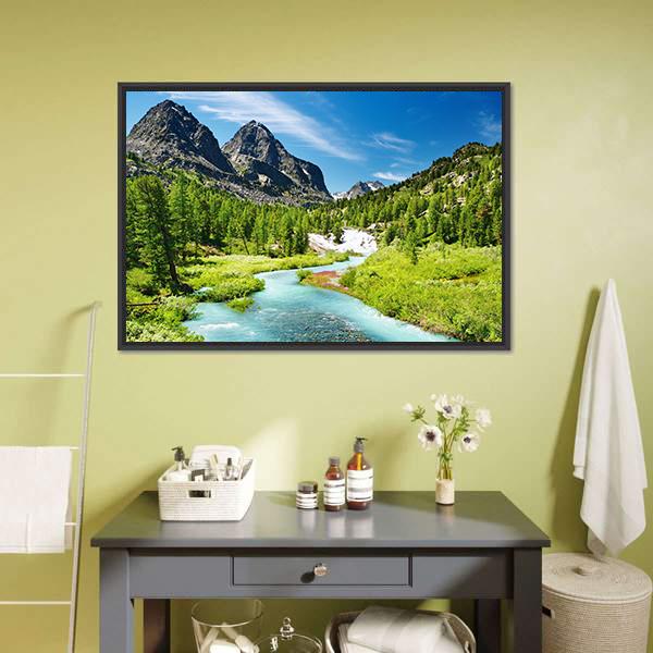 Mountain Landscape With River Canvas Wall Art-3 Horizontal-Gallery Wrap-25" x 16"-Tiaracle