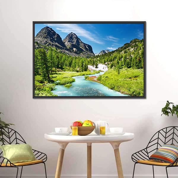 Mountain Landscape With River Canvas Wall Art-3 Horizontal-Gallery Wrap-25" x 16"-Tiaracle
