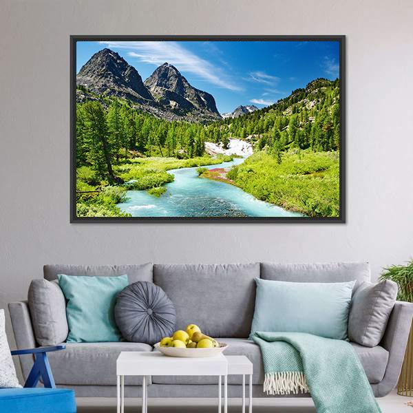 Mountain Landscape With River Canvas Wall Art-3 Horizontal-Gallery Wrap-25" x 16"-Tiaracle
