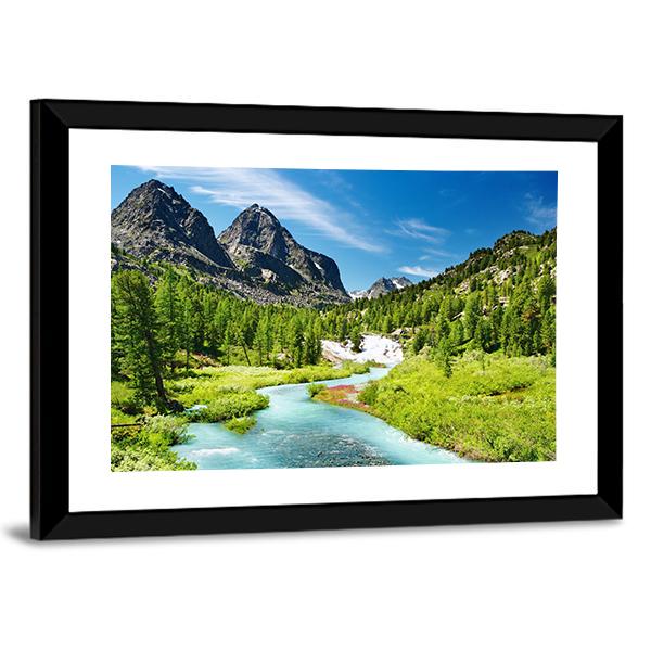 Mountain Landscape With River Canvas Wall Art-3 Horizontal-Gallery Wrap-25" x 16"-Tiaracle