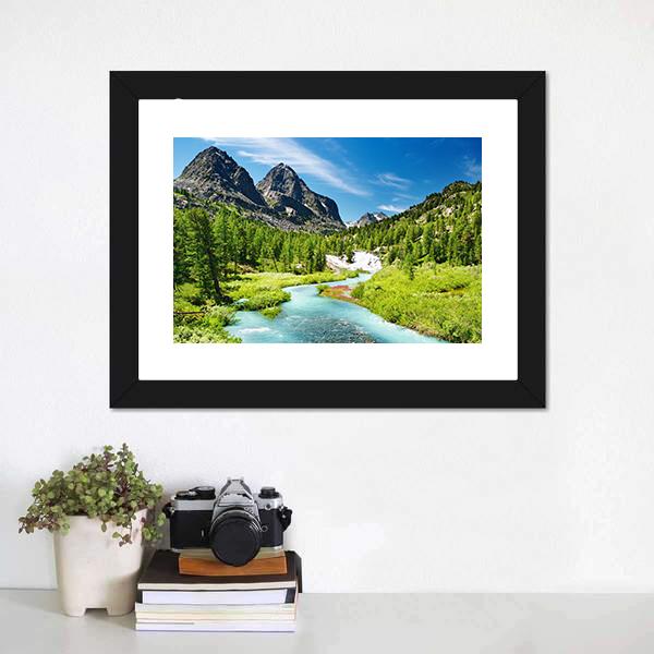 Mountain Landscape With River Canvas Wall Art-3 Horizontal-Gallery Wrap-25" x 16"-Tiaracle