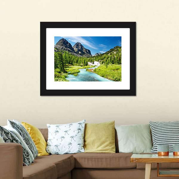Mountain Landscape With River Canvas Wall Art-3 Horizontal-Gallery Wrap-25" x 16"-Tiaracle
