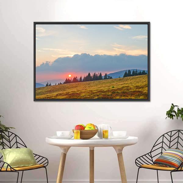 Mountain Landscape With Sun Canvas Wall Art-3 Horizontal-Gallery Wrap-25" x 16"-Tiaracle