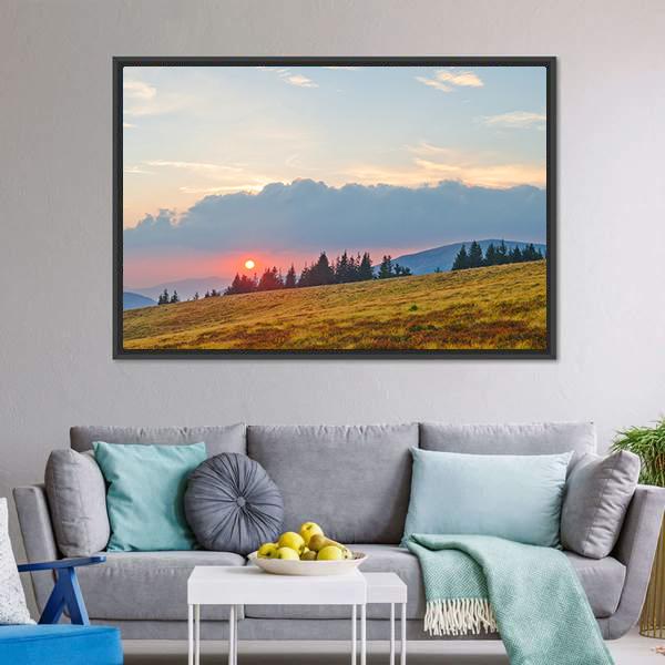 Mountain Landscape With Sun Canvas Wall Art-3 Horizontal-Gallery Wrap-25" x 16"-Tiaracle