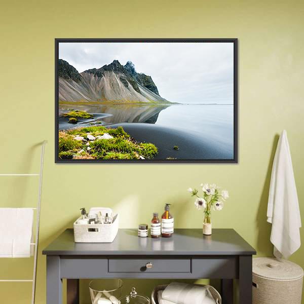 Mountain Reflection On Shore Canvas Wall Art-3 Horizontal-Gallery Wrap-25" x 16"-Tiaracle