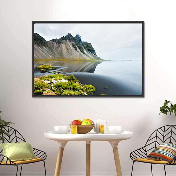 Mountain Reflection On Shore Canvas Wall Art-3 Horizontal-Gallery Wrap-25" x 16"-Tiaracle