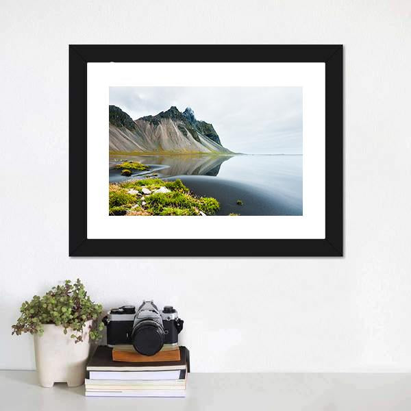Mountain Reflection On Shore Canvas Wall Art-3 Horizontal-Gallery Wrap-25" x 16"-Tiaracle