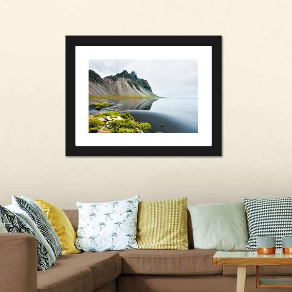 Mountain Reflection On Shore Canvas Wall Art-3 Horizontal-Gallery Wrap-25" x 16"-Tiaracle