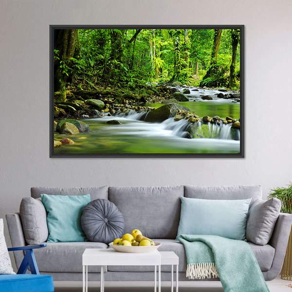 Mountain Stream In Tropical Forest Canvas Wall Art-3 Horizontal-Gallery Wrap-25&quot; x 16&quot;-Tiaracle