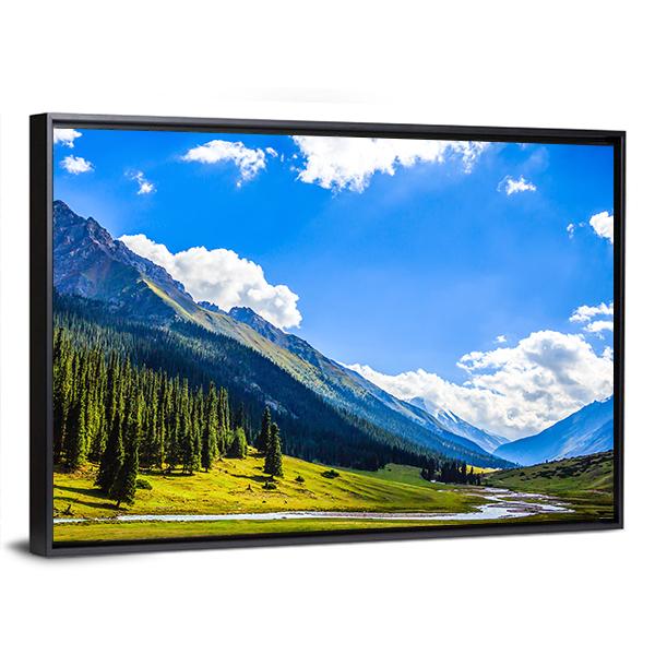 Mountain Summit Landscape Canvas Wall Art in white, green and blue, framed canvas, product view on a white background