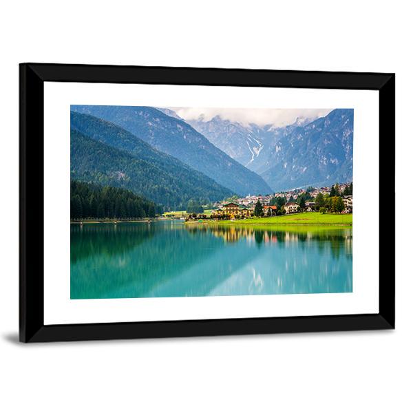 Mountain Village &amp; Lake Auronzo Canvas Wall Art-1 Piece-Framed Print-20" x 16"-Tiaracle