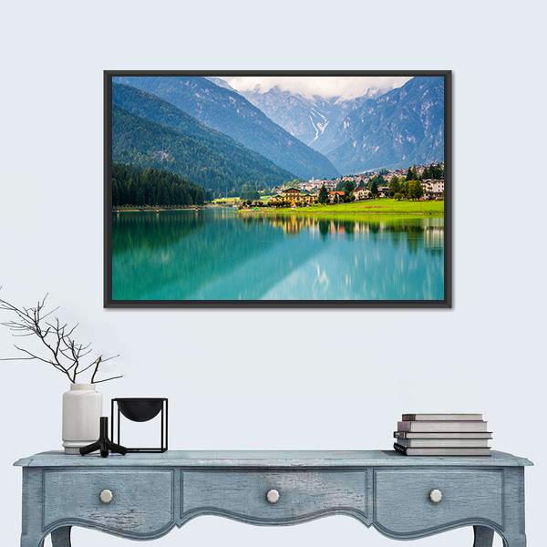 Mountain Village &amp; Lake Auronzo Canvas Wall Art-3 Horizontal-Gallery Wrap-25" x 16"-Tiaracle