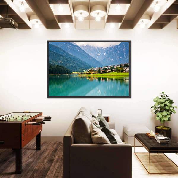 Mountain Village &amp; Lake Auronzo Canvas Wall Art-3 Horizontal-Gallery Wrap-25" x 16"-Tiaracle