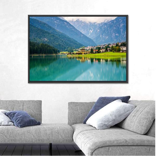 Mountain Village &amp; Lake Auronzo Canvas Wall Art-3 Horizontal-Gallery Wrap-25" x 16"-Tiaracle