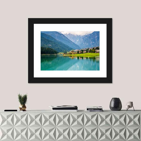 Mountain Village &amp; Lake Auronzo Canvas Wall Art-3 Horizontal-Gallery Wrap-25" x 16"-Tiaracle