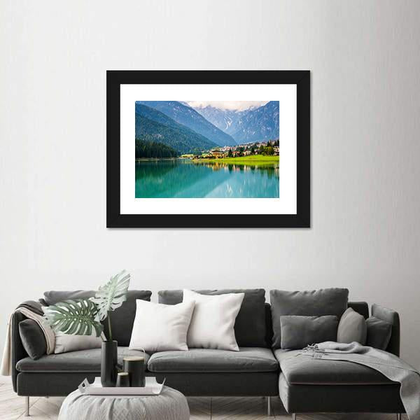Mountain Village &amp; Lake Auronzo Canvas Wall Art-3 Horizontal-Gallery Wrap-25" x 16"-Tiaracle