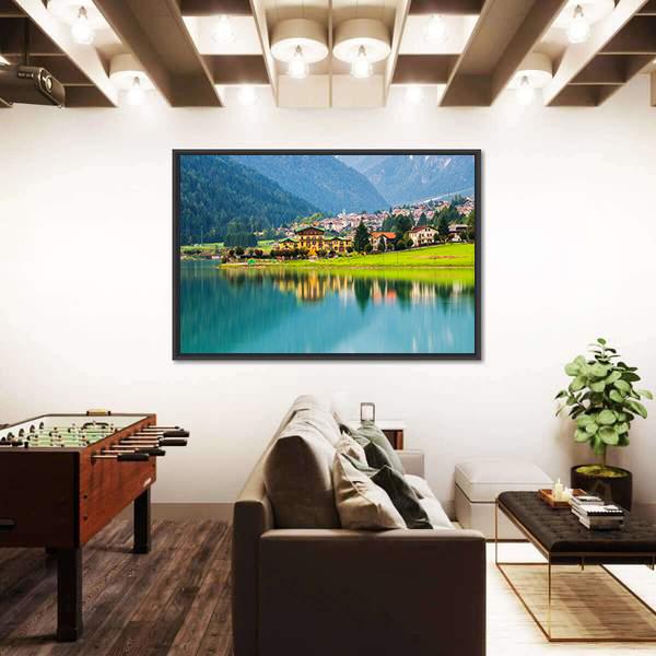Mountain Village With Lake Auronzo Canvas Wall Art-1 Piece-Floating Frame-24" x 16"-Tiaracle