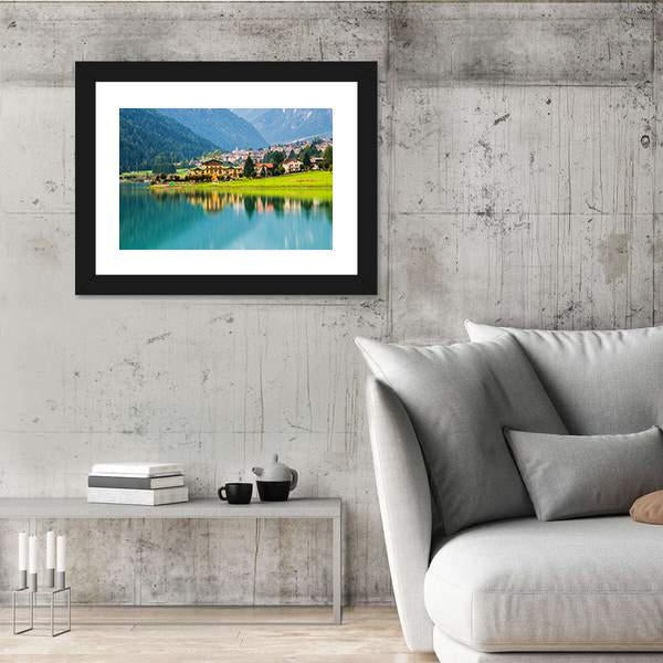 Mountain Village With Lake Auronzo Canvas Wall Art-1 Piece-Framed Print-20" x 16"-Tiaracle