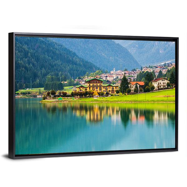 Mountain Village With Lake Auronzo Canvas Wall Art-3 Horizontal-Gallery Wrap-25" x 16"-Tiaracle