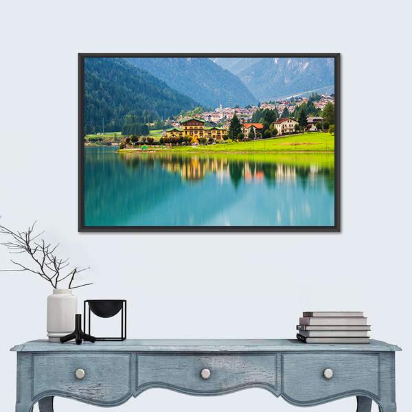 Mountain Village With Lake Auronzo Canvas Wall Art-3 Horizontal-Gallery Wrap-25" x 16"-Tiaracle